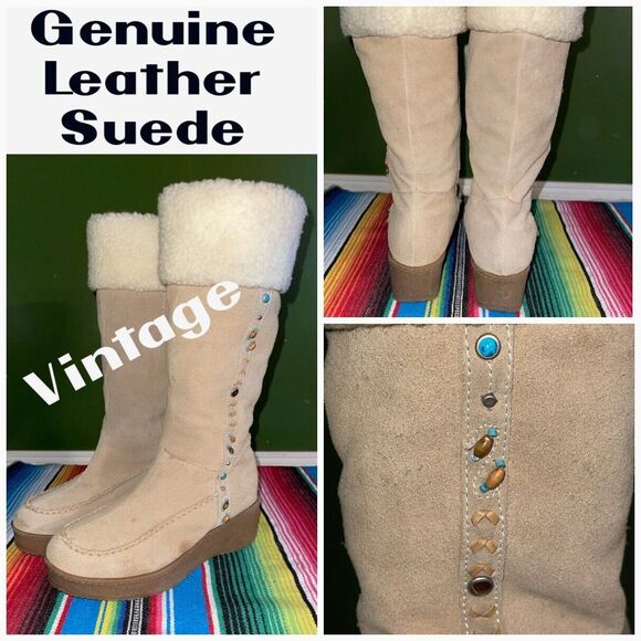 Steve Madden Boots Women 7.5 Beige Seminole‎ Suede Y2K Turquoise Beads Studs - Picture 1 of 13